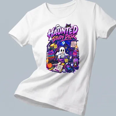 Colorful cartoon ghost at a study desk with Halloween vibes and text. — printed on a women's shirt
