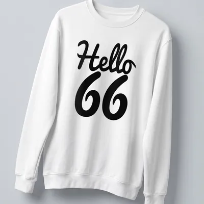 Bold script Hello 66 design celebrating a birthday milestone — printed on a unisex sweatshirt
