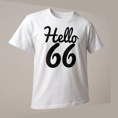 Bold script Hello 66 design celebrating a birthday milestone — printed on a unisex t-shirt (angled view)