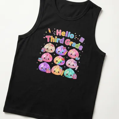 Kawaii styled T-shirt featuring cute dumpling characters and pastel colors — printed on a tank top