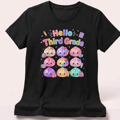 Kawaii styled T-shirt featuring cute dumpling characters and pastel colors — printed on a women's shirt