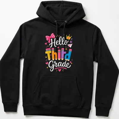 Colorful playful design featuring pencils and a bow with text 'Hello Third Grade' — printed on a unisex hoodie