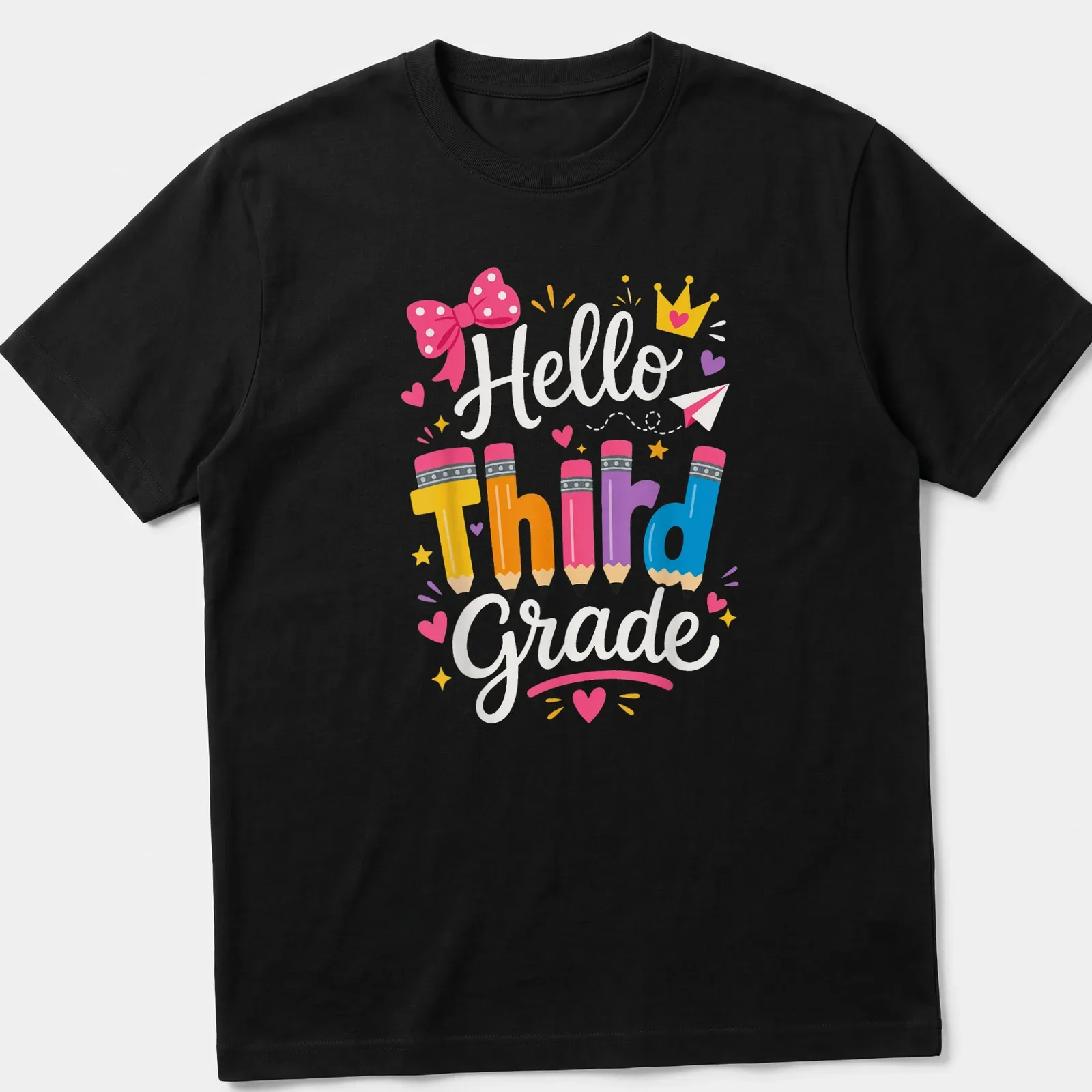 Colorful playful design featuring pencils and a bow with text 'Hello Third Grade' — printed on a unisex t-shirt