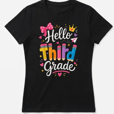 Colorful playful design featuring pencils and a bow with text 'Hello Third Grade' — printed on a women's shirt