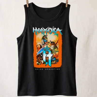 Colorful comic-style print featuring historical characters and the word HERMÉNICA — printed on a tank top