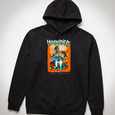 Colorful comic-style print featuring historical characters and the word HERMÉNICA — printed on a unisex hoodie