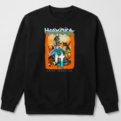 Colorful comic-style print featuring historical characters and the word HERMÉNICA — printed on a unisex sweatshirt