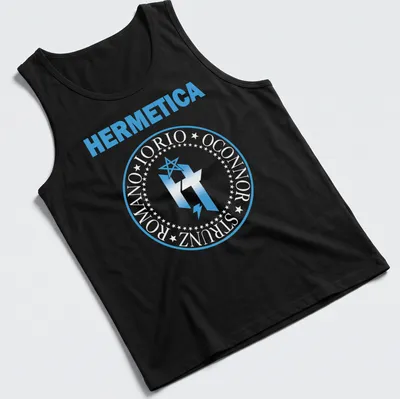 Modern graphic HERMETICA t-shirt with star and lightning bolt design in light blue and white — printed on a tank top