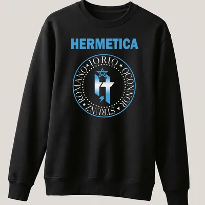 Modern graphic HERMETICA t-shirt with star and lightning bolt design in light blue and white — printed on a unisex sweatshirt