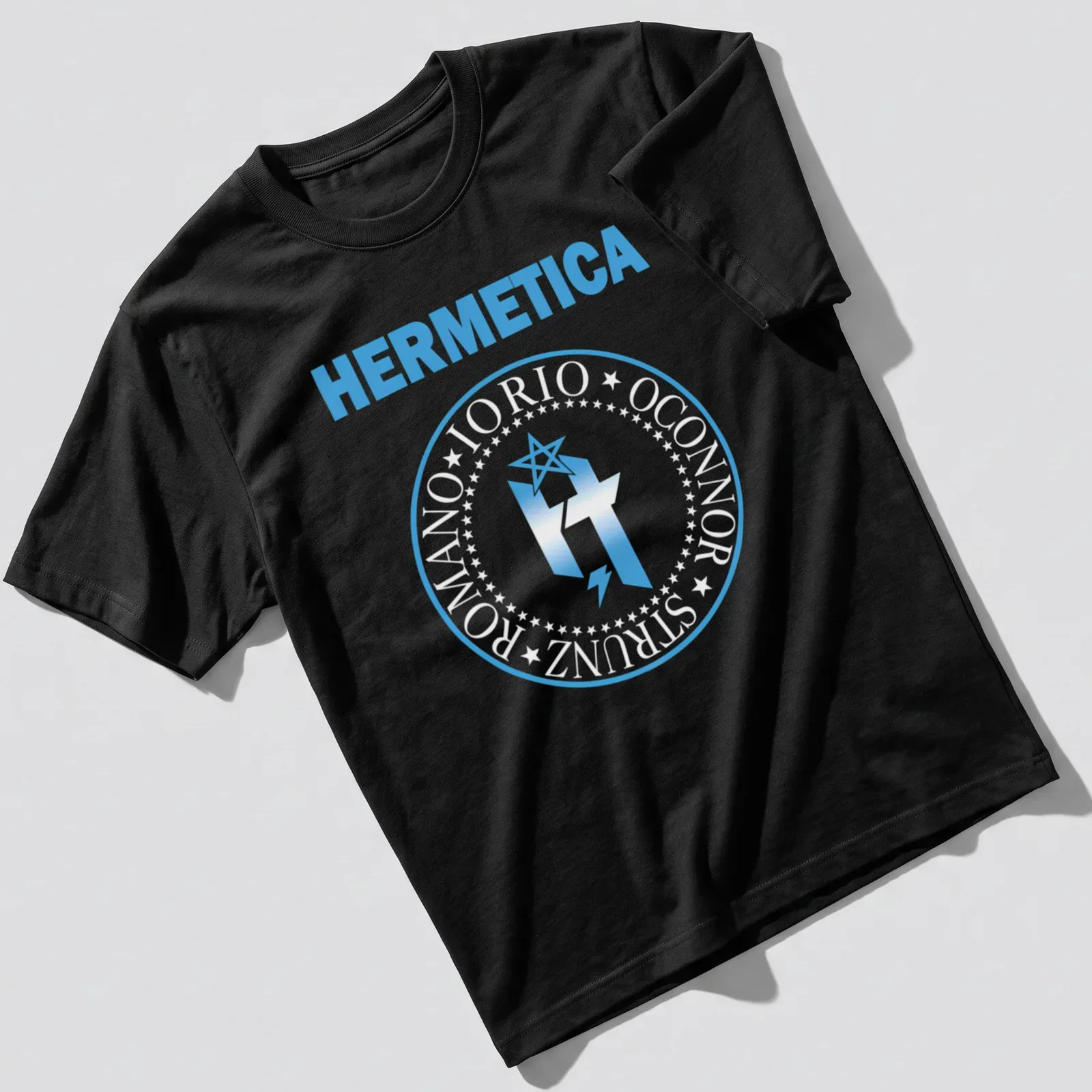 Modern graphic HERMETICA t-shirt with star and lightning bolt design in light blue and white — printed on a unisex t-shirt