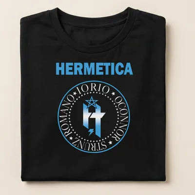 Modern graphic HERMETICA t-shirt with star and lightning bolt design in light blue and white — printed on a women's shirt