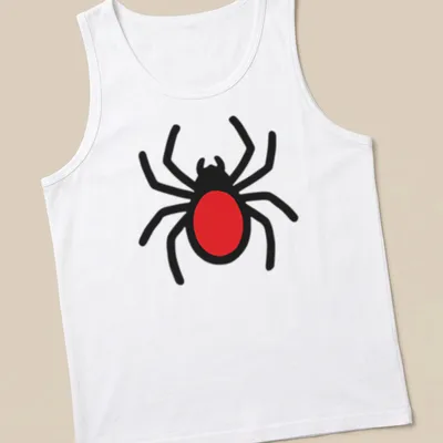 Cheerful cartoon spider design in black and red. — printed on a tank top