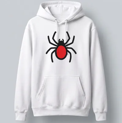 Cheerful cartoon spider design in black and red. — printed on a unisex hoodie