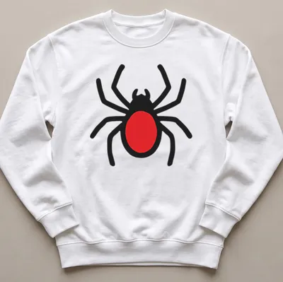 Cheerful cartoon spider design in black and red. — printed on a unisex sweatshirt