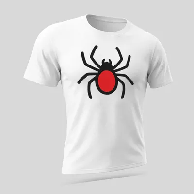 Cheerful cartoon spider design in black and red. — printed on a unisex t-shirt (angled view)