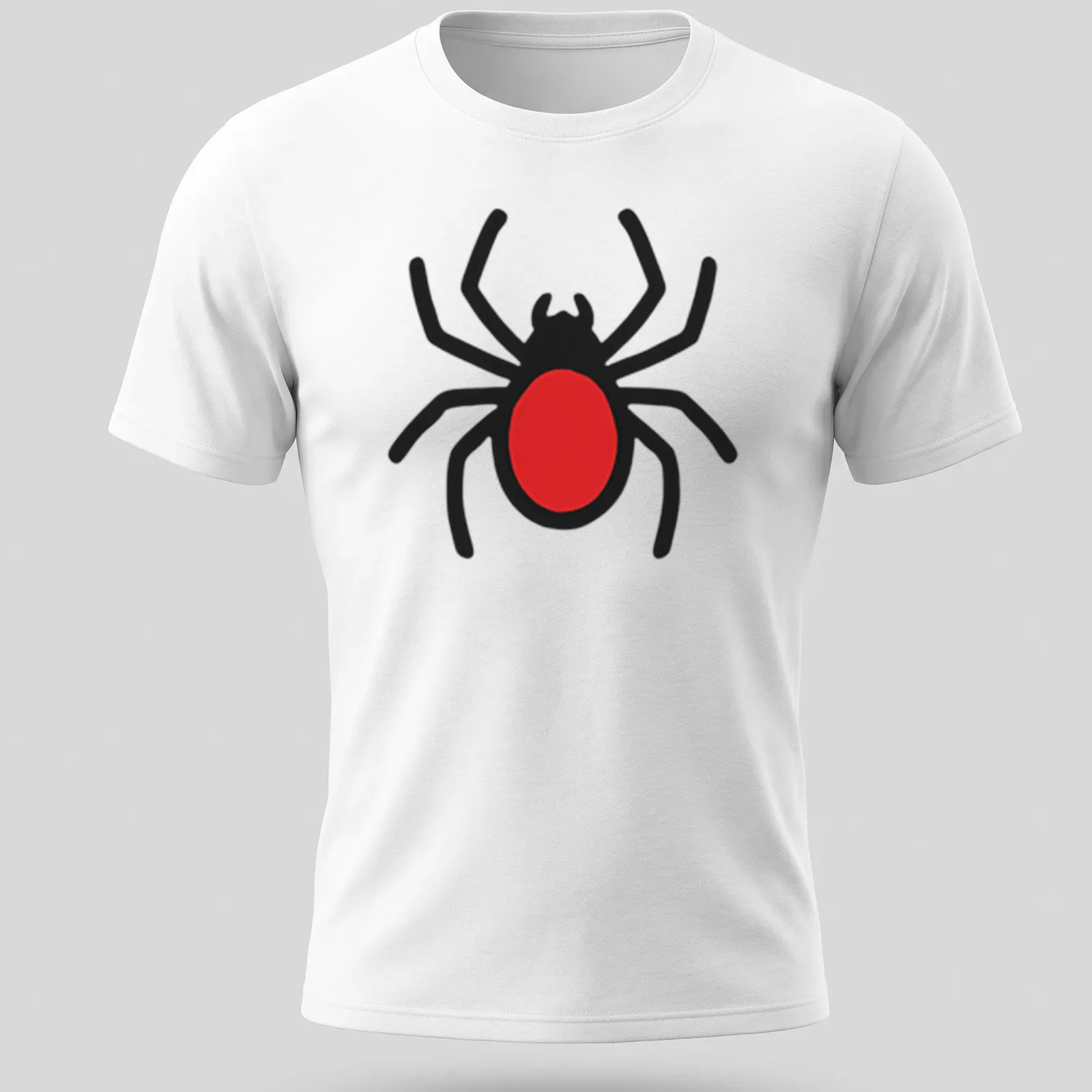 Cheerful cartoon spider design in black and red. — printed on a unisex t-shirt