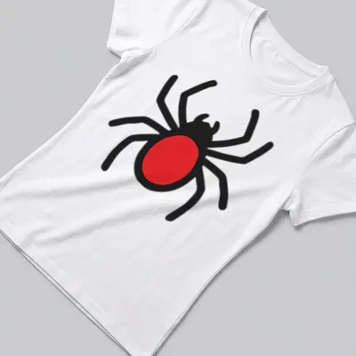 Cheerful cartoon spider design in black and red. — printed on a women's shirt
