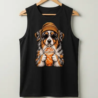 Vintage cartoon of an Australian Shepherd holding a pumpkin spice drink — printed on a tank top