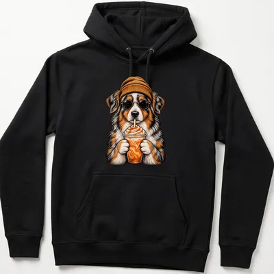 Vintage cartoon of an Australian Shepherd holding a pumpkin spice drink — printed on a unisex hoodie