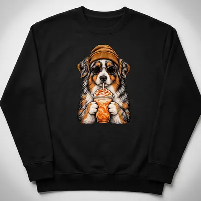 Vintage cartoon of an Australian Shepherd holding a pumpkin spice drink — printed on a unisex sweatshirt