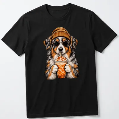 Vintage cartoon of an Australian Shepherd holding a pumpkin spice drink — printed on a unisex t-shirt