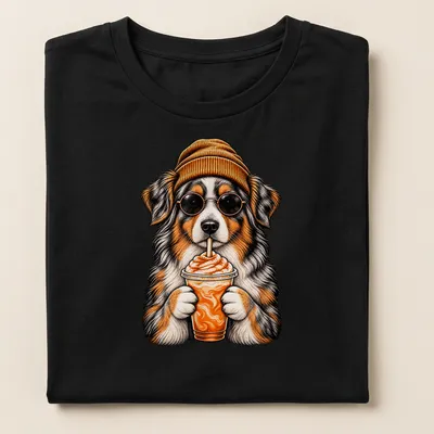 Vintage cartoon of an Australian Shepherd holding a pumpkin spice drink — printed on a women's shirt