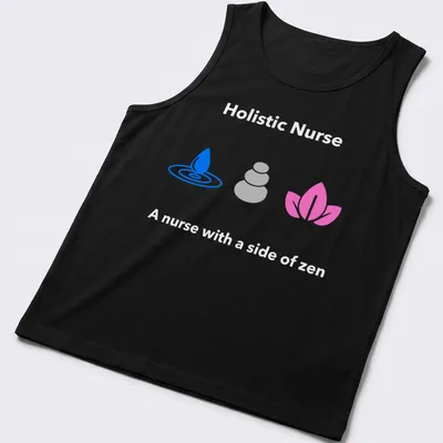 Minimalist design of water droplet, stacked stones, and lotus flower in blue and gray — printed on a tank top