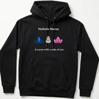 Minimalist design of water droplet, stacked stones, and lotus flower in blue and gray — printed on a unisex hoodie
