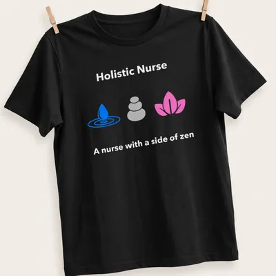Minimalist design of water droplet, stacked stones, and lotus flower in blue and gray — printed on a unisex t-shirt