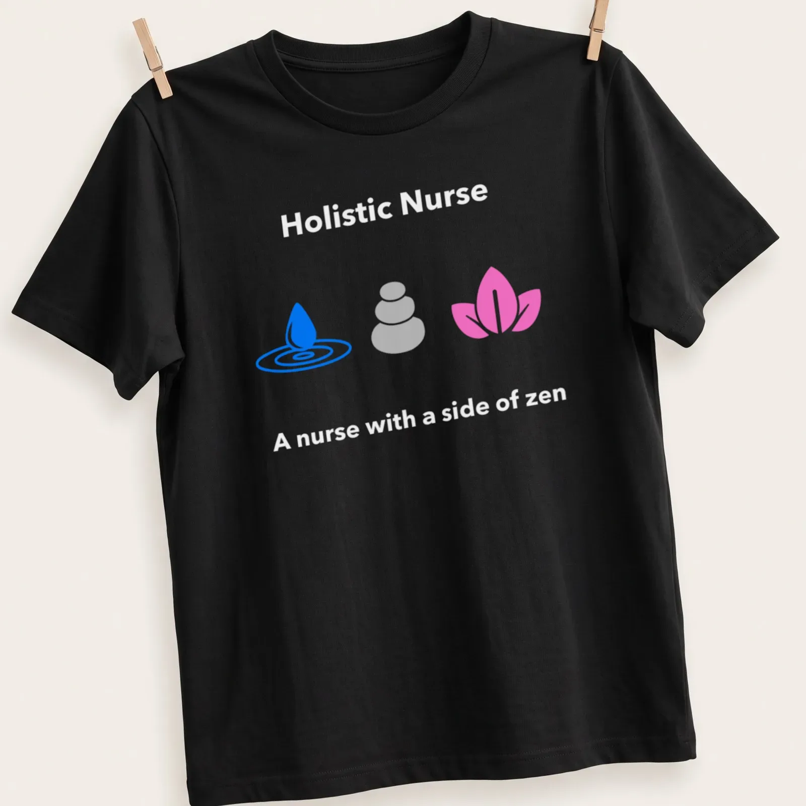 Minimalist design of water droplet, stacked stones, and lotus flower in blue and gray — printed on a unisex t-shirt