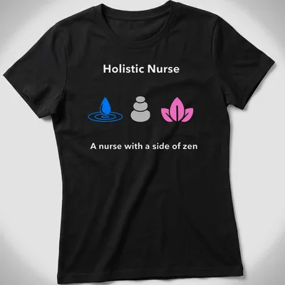 Minimalist design of water droplet, stacked stones, and lotus flower in blue and gray — printed on a women's shirt