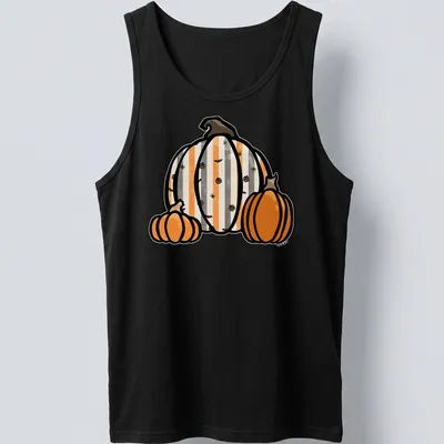 Kawaii line-art pumpkins in orange, gray, black, and white for Halloween — printed on a tank top