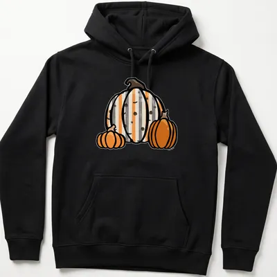 Kawaii line-art pumpkins in orange, gray, black, and white for Halloween — printed on a unisex hoodie