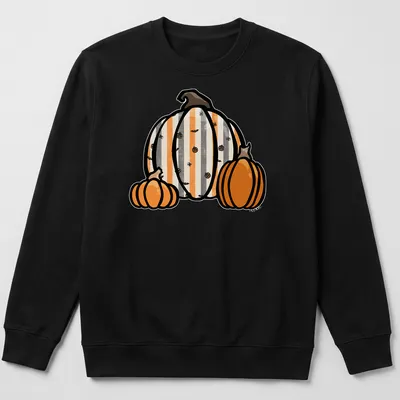 Kawaii line-art pumpkins in orange, gray, black, and white for Halloween — printed on a unisex sweatshirt