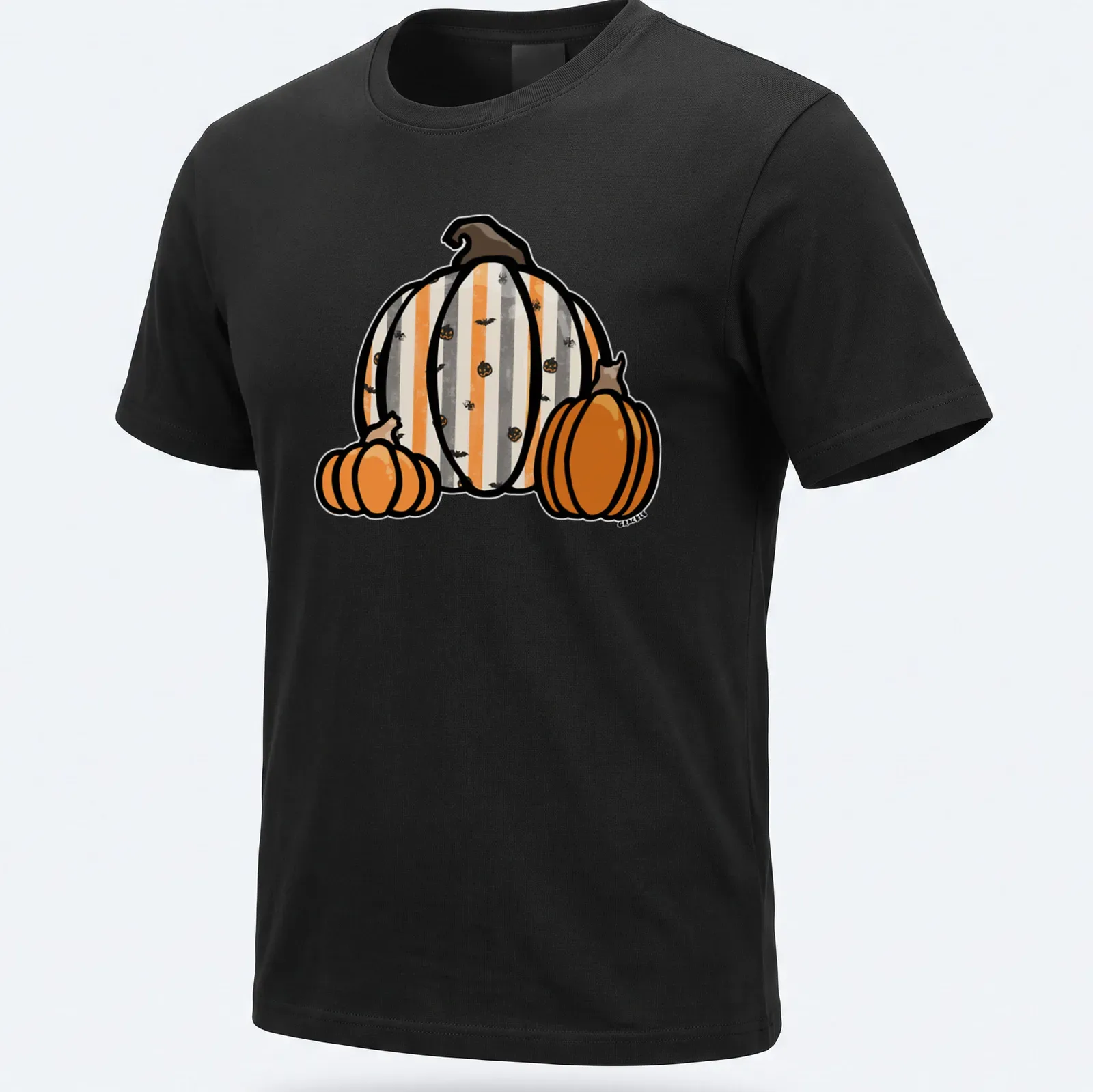 Kawaii line-art pumpkins in orange, gray, black, and white for Halloween — printed on a unisex t-shirt