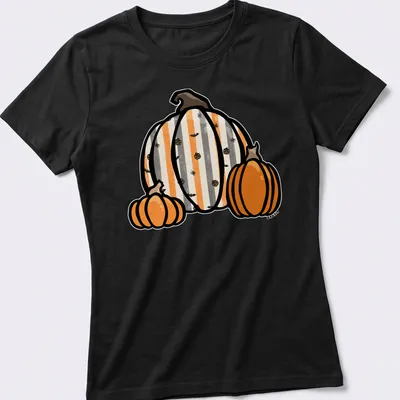 Kawaii line-art pumpkins in orange, gray, black, and white for Halloween — printed on a women's shirt