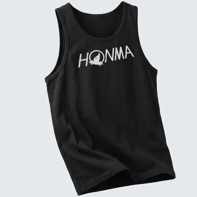 Black and white HOMMA logo in a clean vector style on a t-shirt. — printed on a tank top