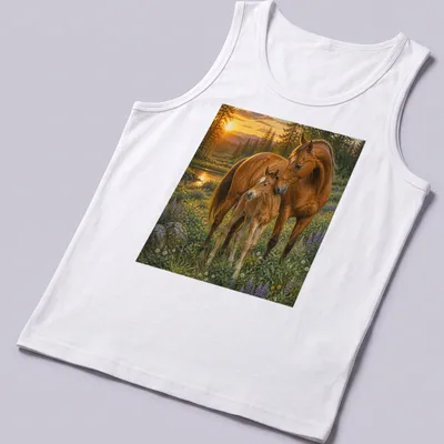 Realistic print of a horse and foal in a scenic landscape with vibrant colors — printed on a tank top