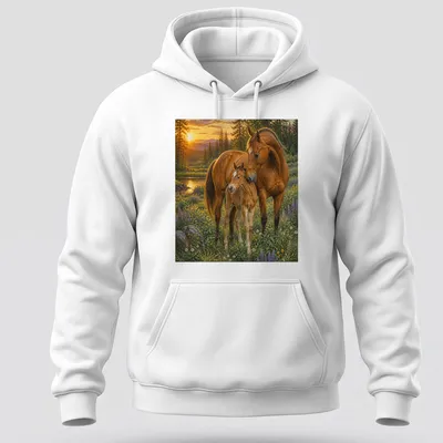Realistic print of a horse and foal in a scenic landscape with vibrant colors — printed on a unisex hoodie