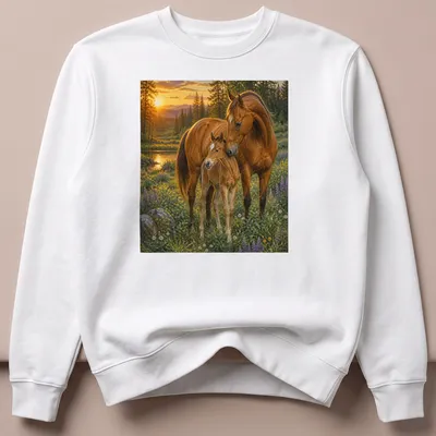 Realistic print of a horse and foal in a scenic landscape with vibrant colors — printed on a unisex sweatshirt