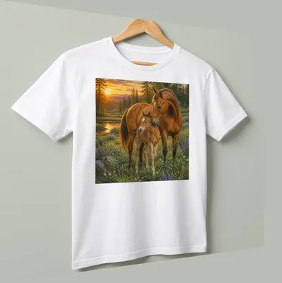 Realistic print of a horse and foal in a scenic landscape with vibrant colors — printed on a unisex t-shirt (angled view)