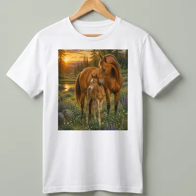 Realistic print of a horse and foal in a scenic landscape with vibrant colors — printed on a unisex t-shirt