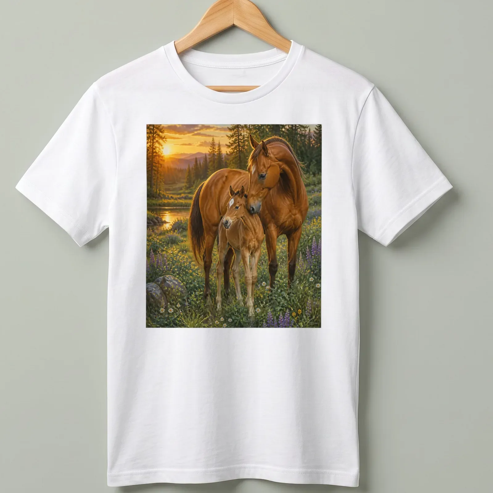 Realistic print of a horse and foal in a scenic landscape with vibrant colors — printed on a unisex t-shirt