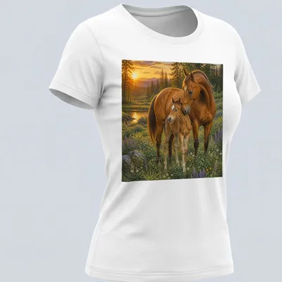 Realistic print of a horse and foal in a scenic landscape with vibrant colors — printed on a women's shirt