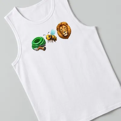 Cartoon lion in a bee costume holding a garden hose in colorful design — printed on a tank top