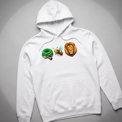 Cartoon lion in a bee costume holding a garden hose in colorful design — printed on a unisex hoodie