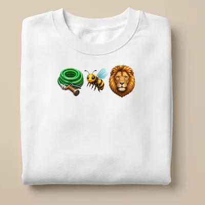 Cartoon lion in a bee costume holding a garden hose in colorful design — printed on a unisex sweatshirt