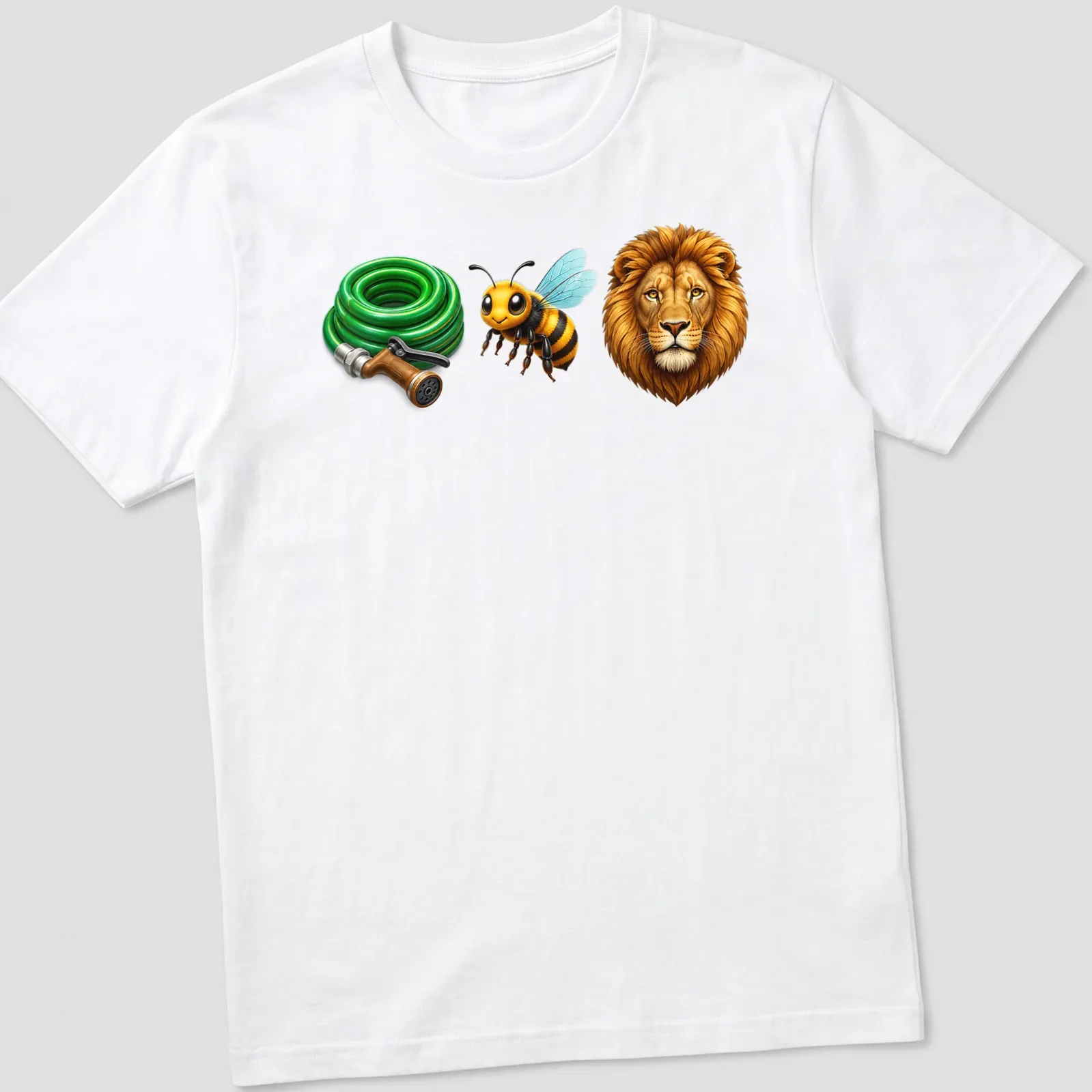 Cartoon lion in a bee costume holding a garden hose in colorful design — printed on a unisex t-shirt