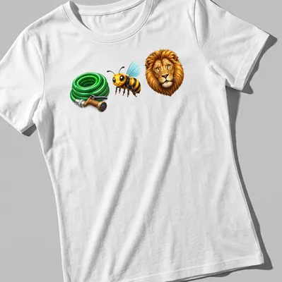 Cartoon lion in a bee costume holding a garden hose in colorful design — printed on a women's shirt