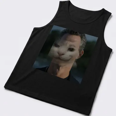 Surreal print featuring a cat face merging with a human face in gray and black — printed on a tank top